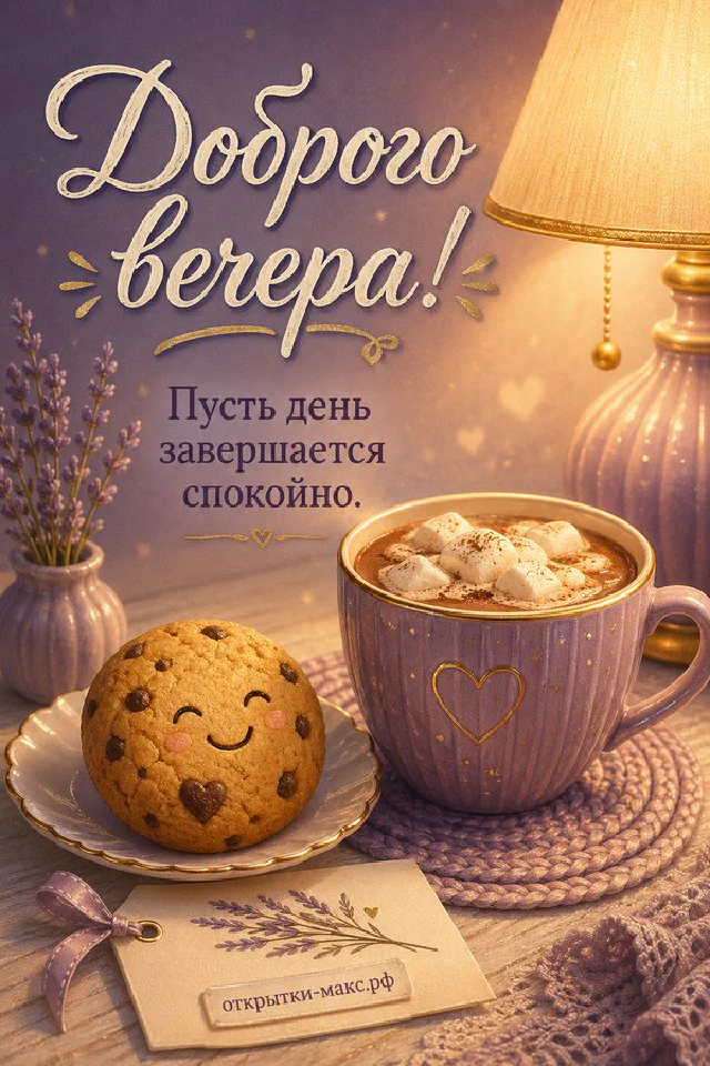 Иллюстрация котика в розовом пледе с кружкой какао, рядом тапочки с сердечком, надпись «Доброго вечера» — вариант 3