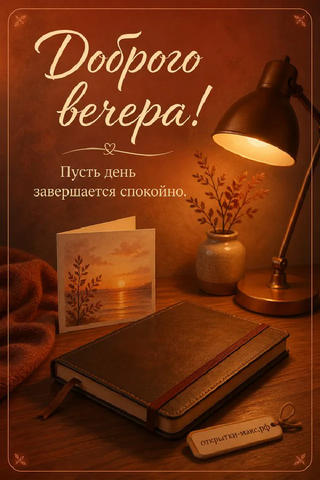 Иллюстрация котика в розовом пледе с кружкой какао, рядом тапочки с сердечком, надпись «Доброго вечера» — вариант 4
