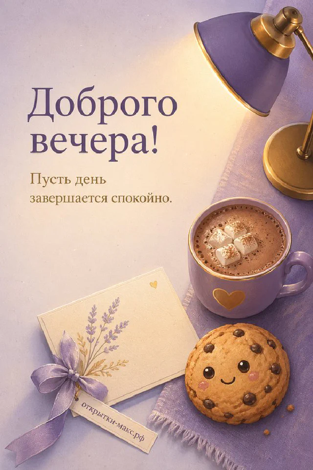 Иллюстрация котика в розовом пледе с кружкой какао, рядом тапочки с сердечком, надпись «Доброго вечера» — вариант 5
