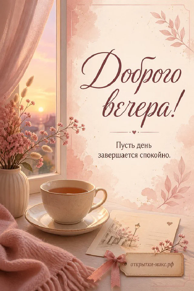 Иллюстрация котика в розовом пледе с кружкой какао, рядом тапочки с сердечком, надпись «Доброго вечера» — вариант 6