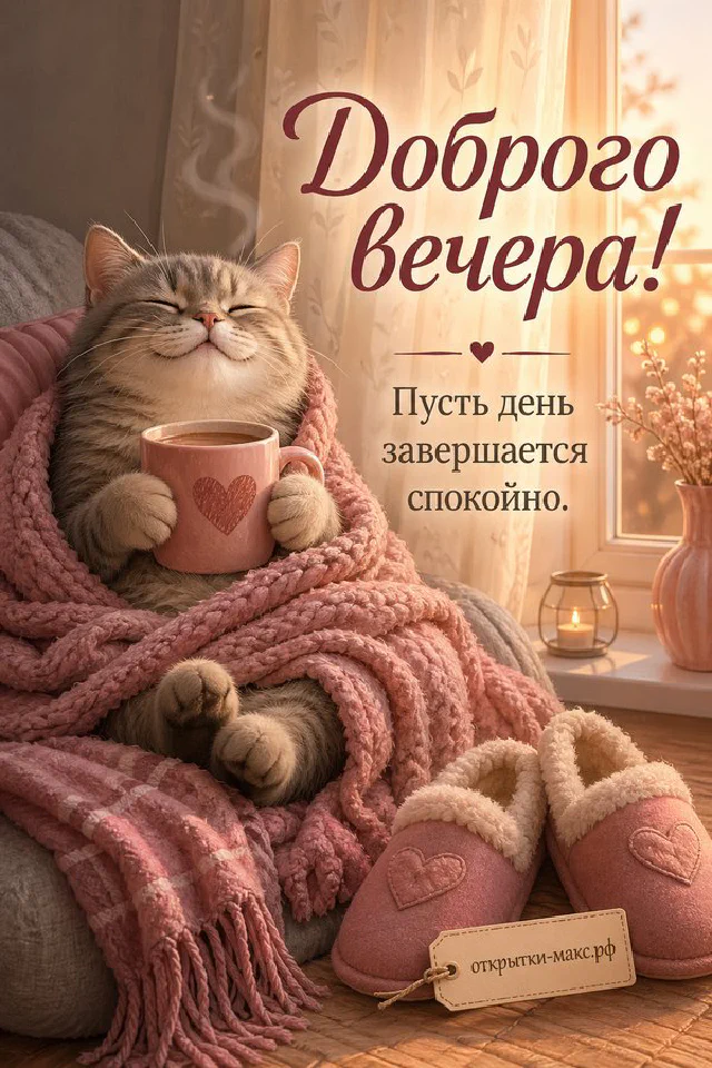 Иллюстрация котика в розовом пледе с кружкой какао, рядом тапочки с сердечком, надпись «Доброго вечера» — вариант 7