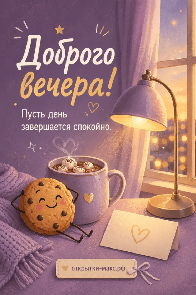 Иллюстрация котика в розовом пледе с кружкой какао, рядом тапочки с сердечком, надпись «Доброго вечера» — вариант 8