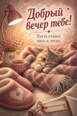 Маленький котёнок лежит в мягком розовом пледе, рядом домашние тапочки с сердечком и розовая кружка кофе