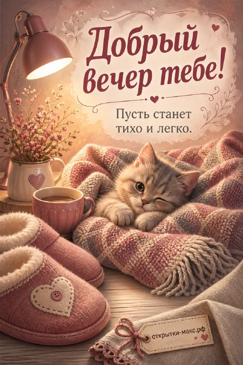 Маленький котёнок лежит в мягком розовом пледе, рядом домашние тапочки с сердечком и розовая кружка кофе