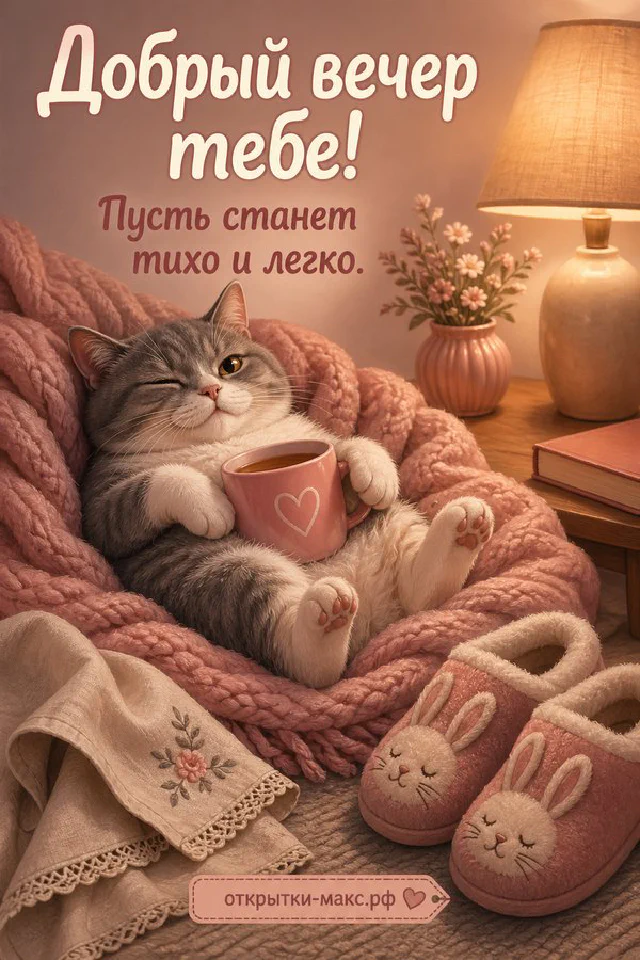 Маленький котёнок лежит в мягком розовом пледе, рядом домашние тапочки с сердечком и розовая кружка кофе — вариант 2
