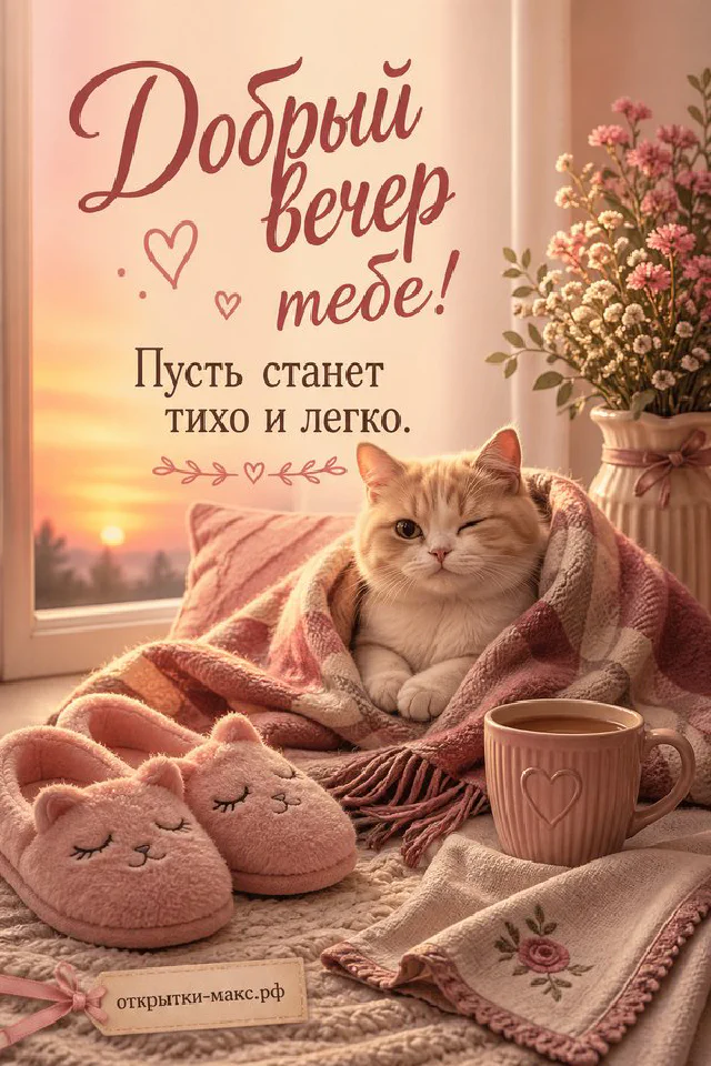 Маленький котёнок лежит в мягком розовом пледе, рядом домашние тапочки с сердечком и розовая кружка кофе — вариант 5