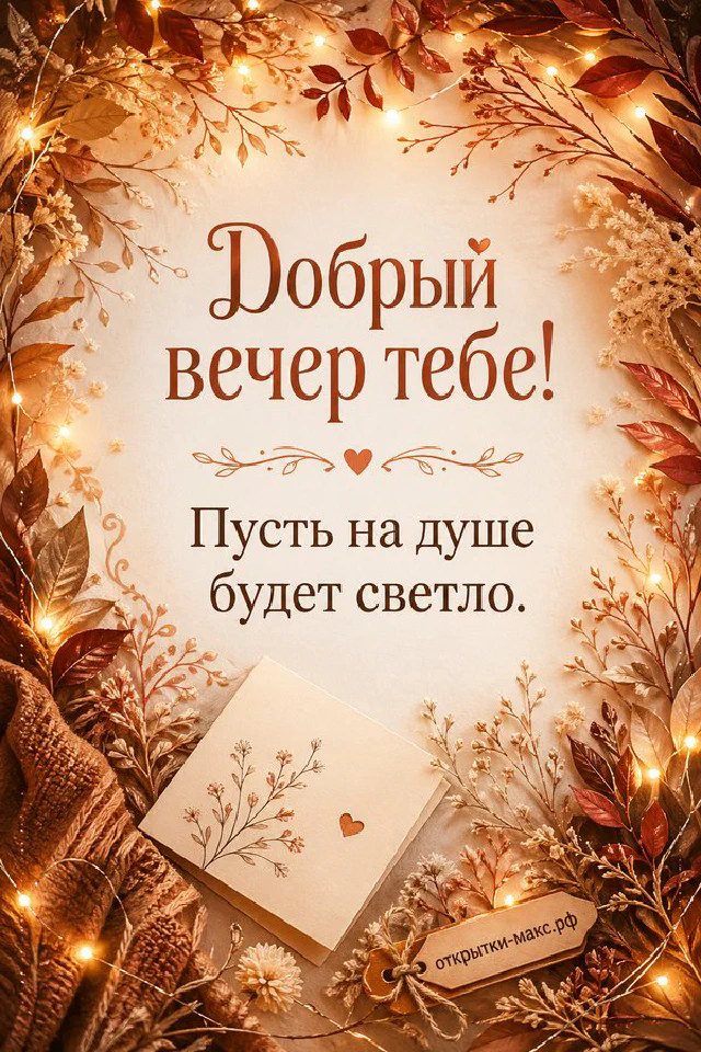 Композиция из сухих осенних листьев, ветвей с ягодами и мерцающей гирлянды с маленькой открыткой — вариант 3
