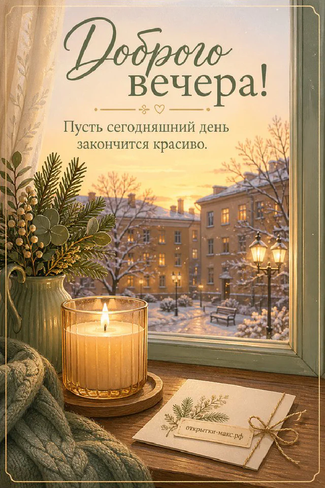 Окно с морозными узорами и еловыми ветками с ягодами на фоне зимнего заката, надпись «Доброго вечера» — вариант 3