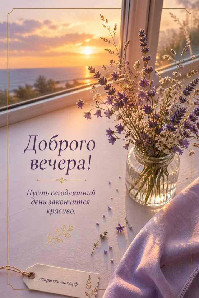 Окно с морозными узорами и еловыми ветками с ягодами на фоне зимнего заката, надпись «Доброго вечера» — вариант 4