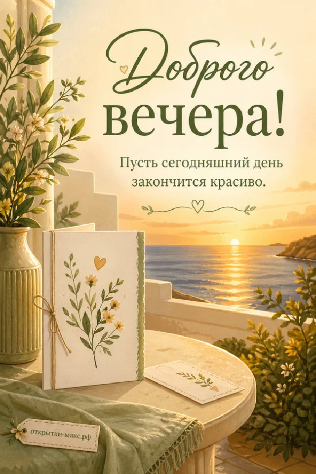 Окно с морозными узорами и еловыми ветками с ягодами на фоне зимнего заката, надпись «Доброго вечера» — вариант 6
