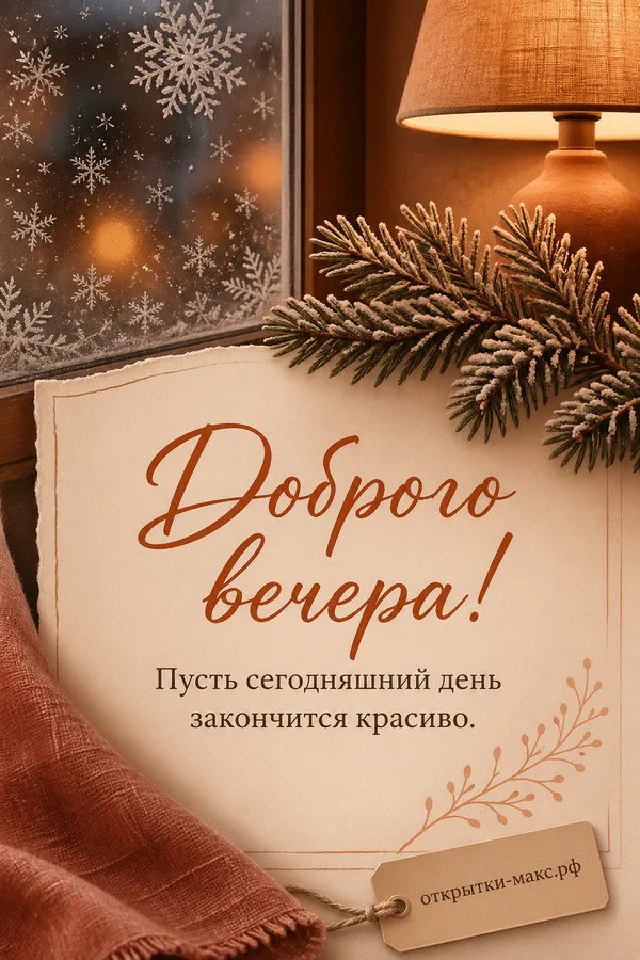 Окно с морозными узорами и еловыми ветками с ягодами на фоне зимнего заката, надпись «Доброго вечера» — вариант 8