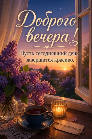 Букет сирени у открытого окна с закатным небом, чашка чая и свеча на столе, надпись «Доброго вечера»