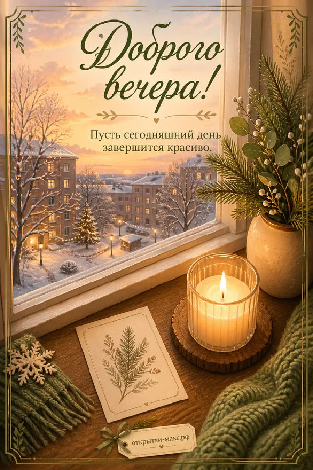 Букет сирени у открытого окна с закатным небом, чашка чая и свеча на столе, надпись «Доброго вечера» — вариант 3