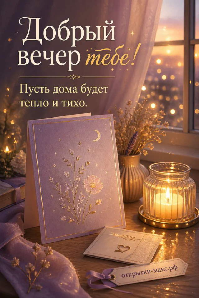 Горящая свеча в стеклянном стакане, букет лаванды в вазе и фарфоровая чашка в фиолетовом вечернем свете — вариант 6