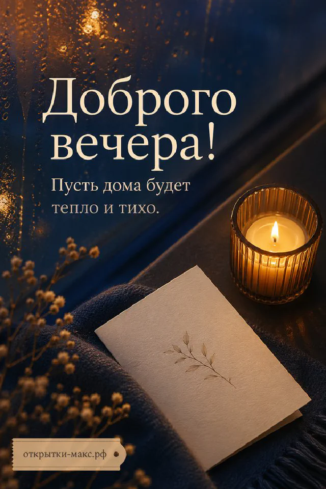 Горящая свеча в хрустальном подсвечнике с акварельной открыткой на синей ткани, надпись «Доброго вечера» — вариант 2
