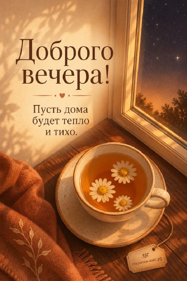 Горящая свеча в хрустальном подсвечнике с акварельной открыткой на синей ткани, надпись «Доброго вечера» — вариант 3