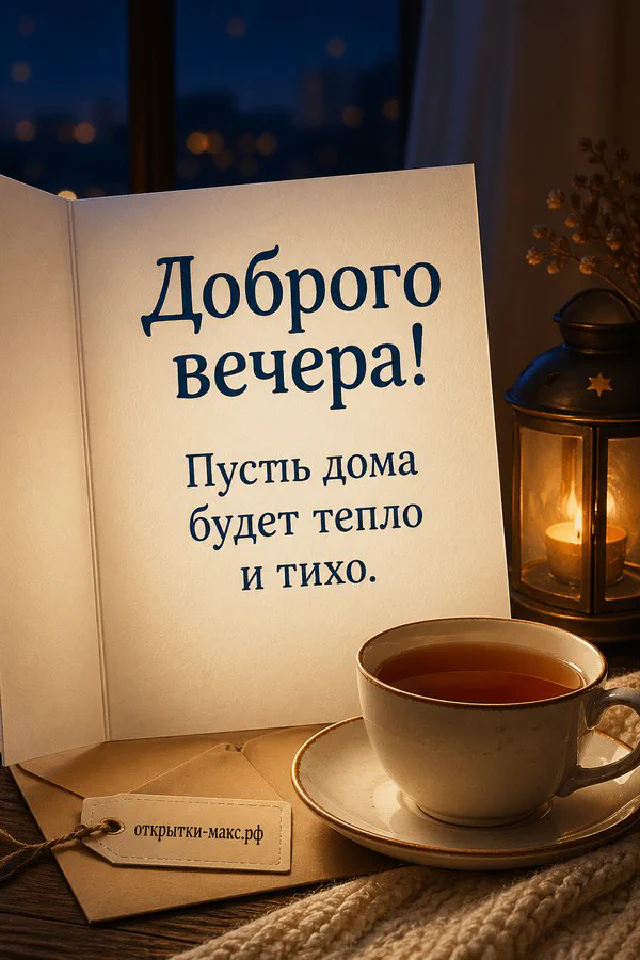 Горящая свеча в хрустальном подсвечнике с акварельной открыткой на синей ткани, надпись «Доброго вечера» — вариант 4
