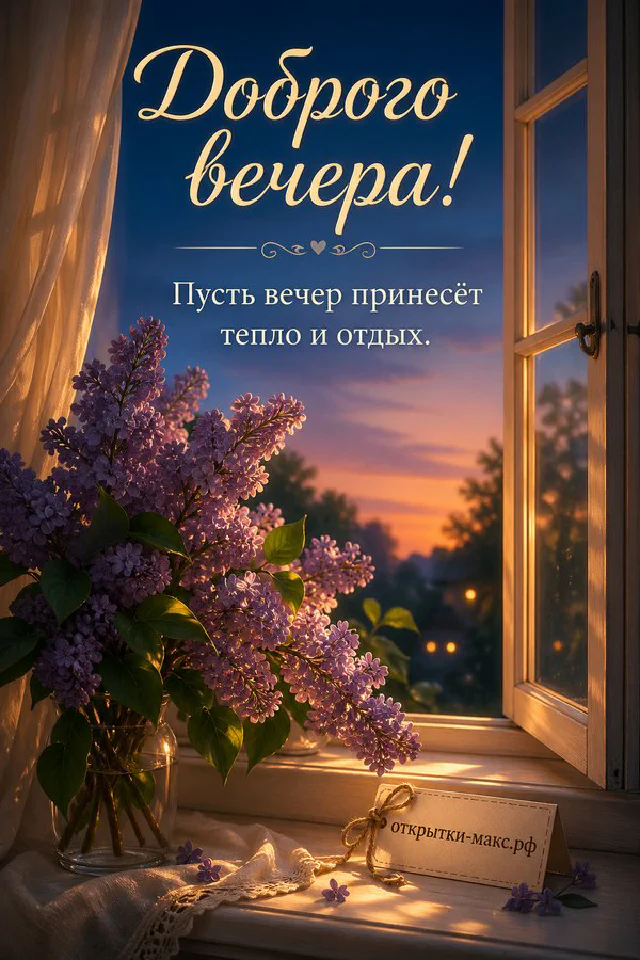 Горящая свеча в стакане у заснеженного окна с вязаным пледом и еловыми ветками, надпись «Доброго вечера» — вариант 3