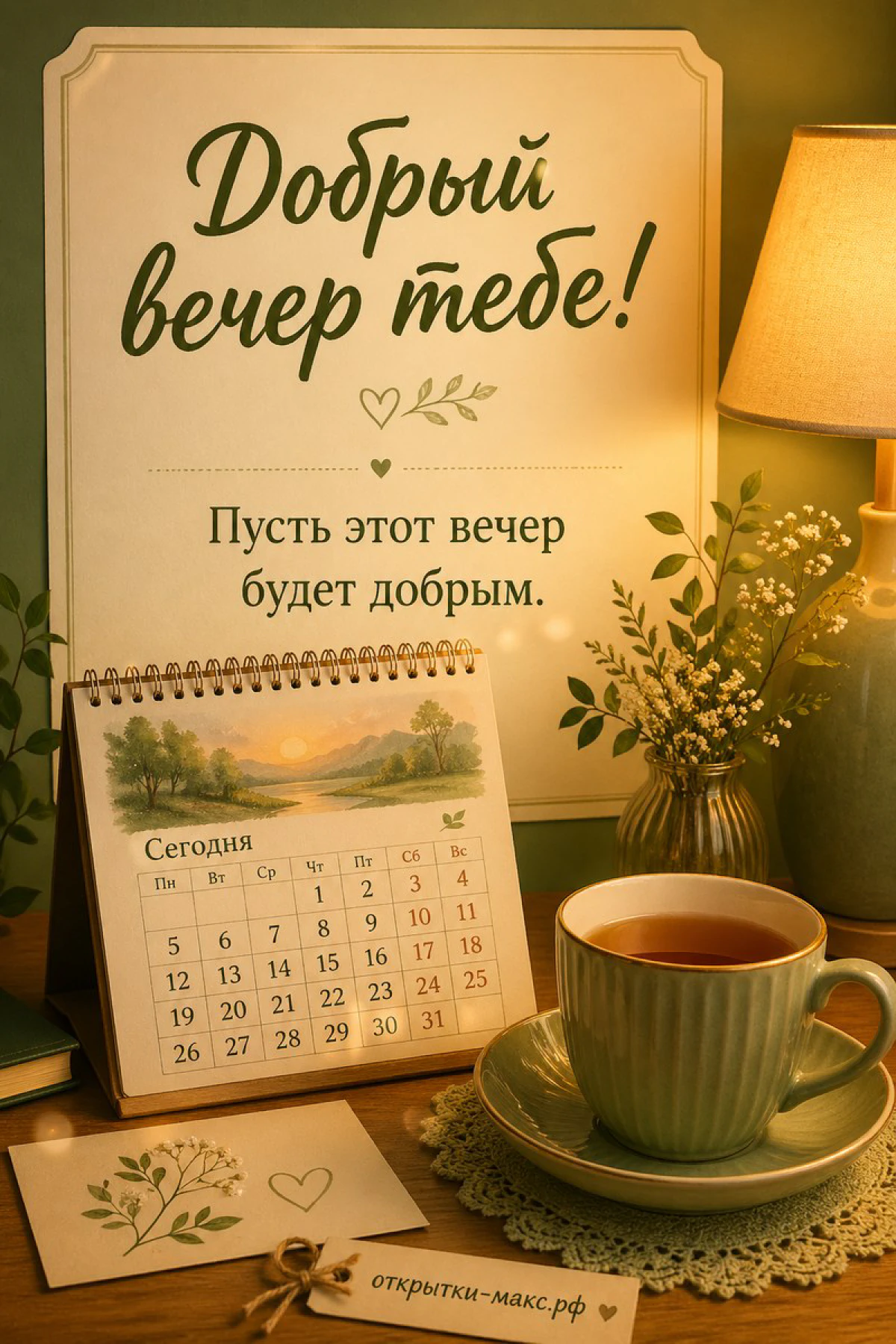 Зелёная кружка с чаем, настольный календарь и ваза с цветами у лампы — открытка Добрый вечер тебе