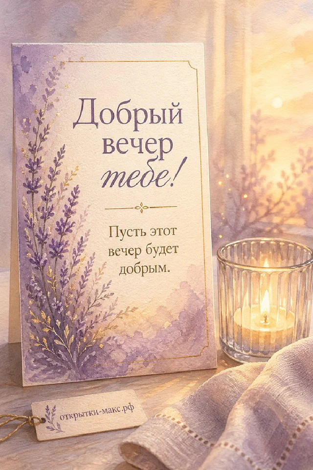 Книга в лиловой обложке, горящая свеча и лаванда на столе — открытка Добрый вечер тебе — вариант 2