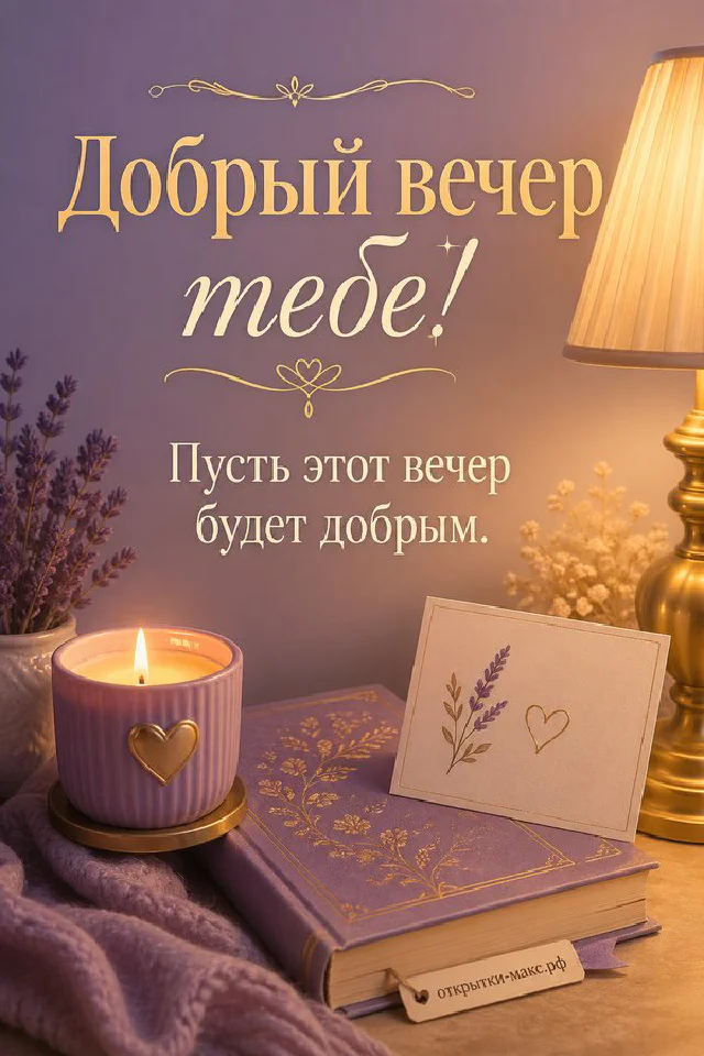 Книга в лиловой обложке, горящая свеча и лаванда на столе — открытка Добрый вечер тебе — вариант 3
