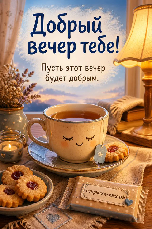 Книга в лиловой обложке, горящая свеча и лаванда на столе — открытка Добрый вечер тебе — вариант 4