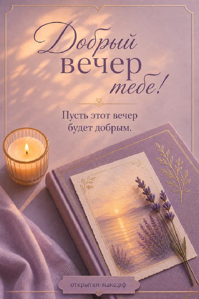 Книга в лиловой обложке, горящая свеча и лаванда на столе — открытка Добрый вечер тебе — вариант 5