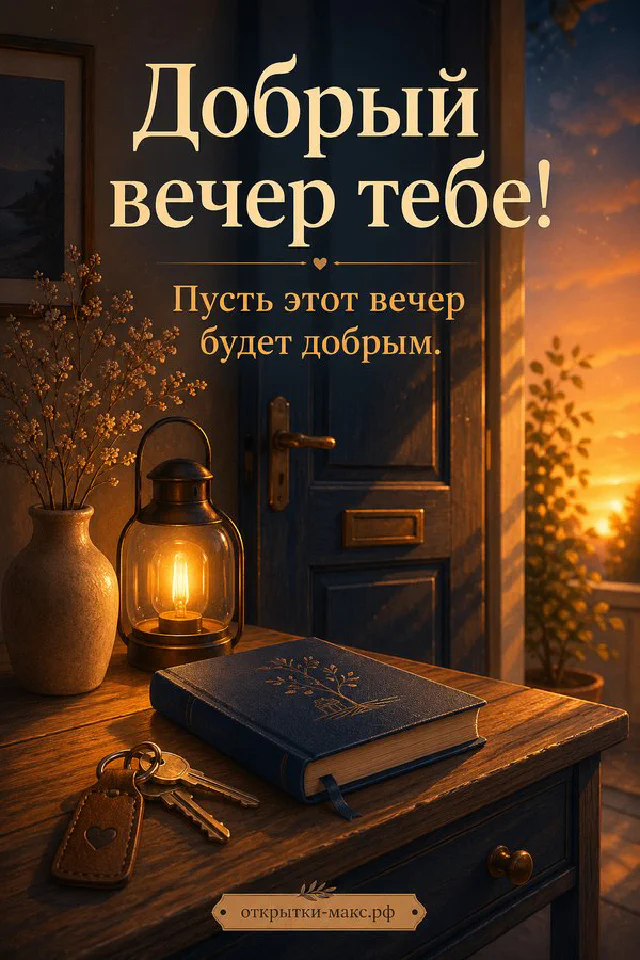 Книга в лиловой обложке, горящая свеча и лаванда на столе — открытка Добрый вечер тебе — вариант 8