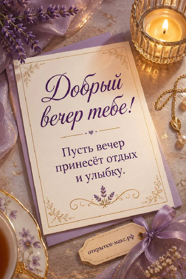 Букет лаванды, горящая свеча в стакане и лиловые атласные ленты, открытка Добрый вечер тебе — вариант 3