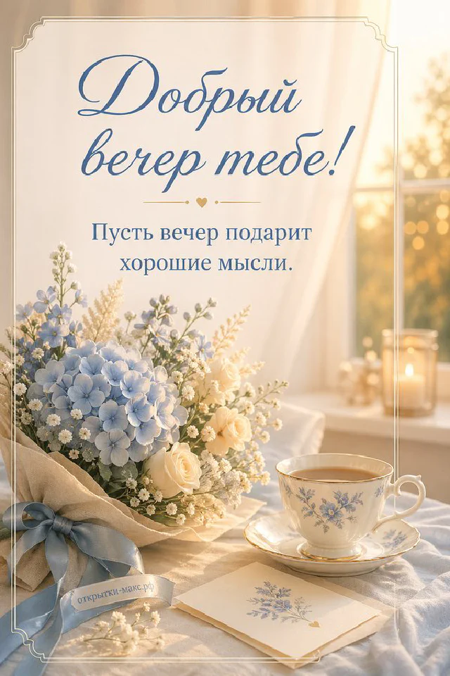 Ваза с маленькими цветами у окна с цветущими ветками и закатным небом, открытка Добрый вечер тебе — вариант 2
