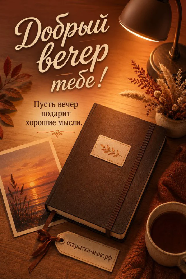 Ваза с маленькими цветами у окна с цветущими ветками и закатным небом, открытка Добрый вечер тебе — вариант 4