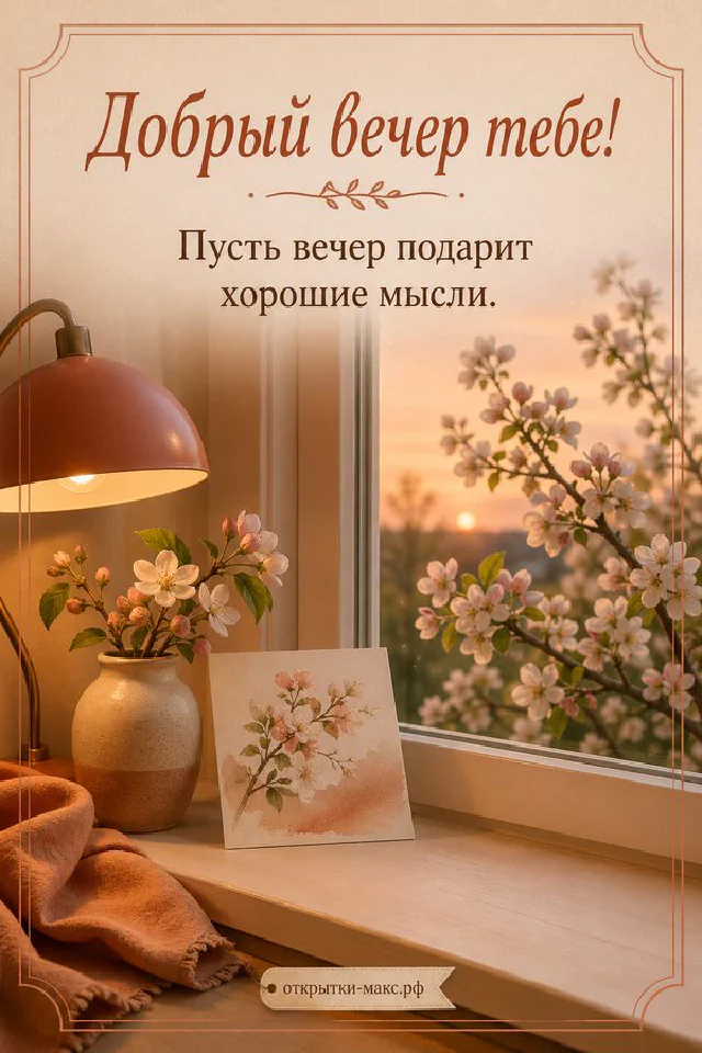 Ваза с маленькими цветами у окна с цветущими ветками и закатным небом, открытка Добрый вечер тебе — вариант 6