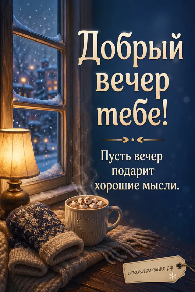 Ваза с маленькими цветами у окна с цветущими ветками и закатным небом, открытка Добрый вечер тебе — вариант 7