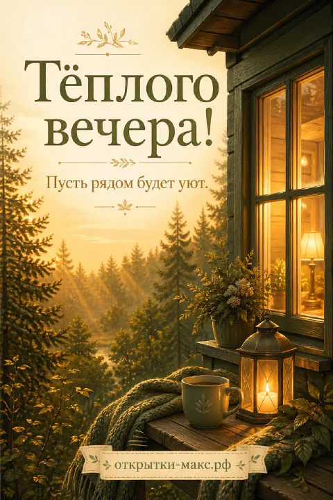 Деревянный дом на краю хвойного леса с кружкой и фонарём на закате