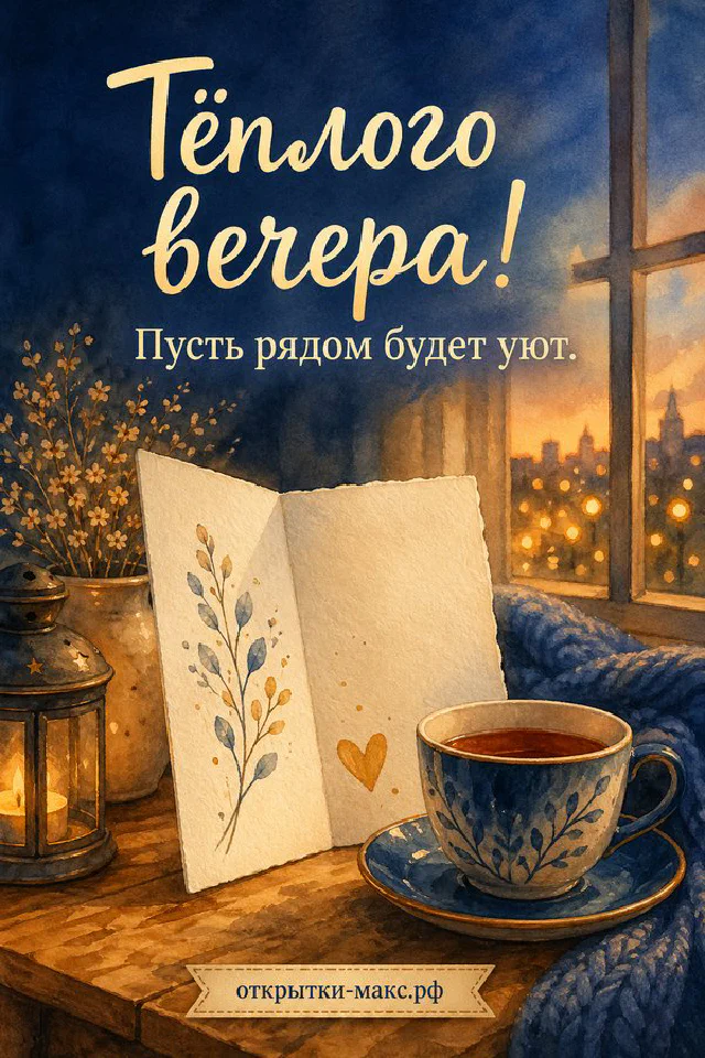 Деревянный дом на краю хвойного леса с кружкой и фонарём на закате — вариант 2