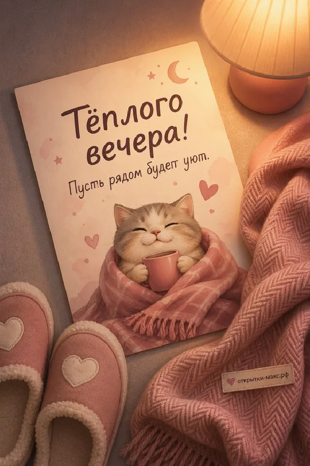 Деревянный дом на краю хвойного леса с кружкой и фонарём на закате — вариант 5