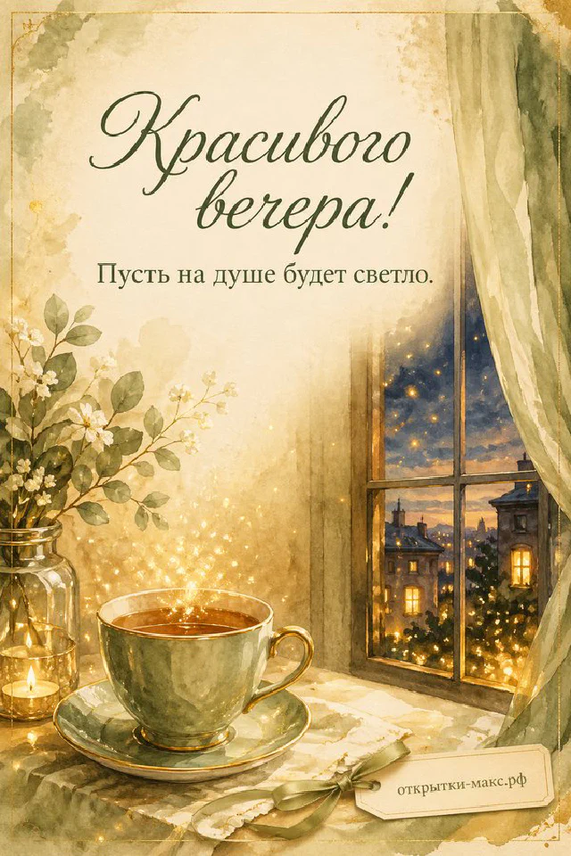 Две керамические кружки с кофе и горящая свеча на деревянном столе у окна с видом на оранжевый закат — вариант 3