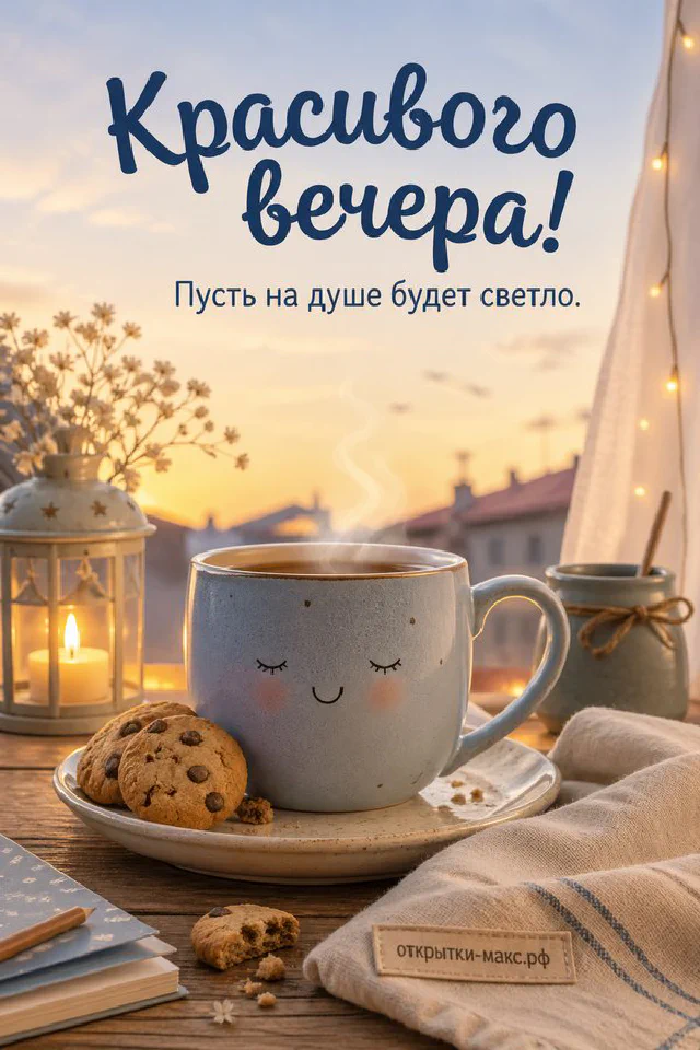 Две керамические кружки с кофе и горящая свеча на деревянном столе у окна с видом на оранжевый закат — вариант 4