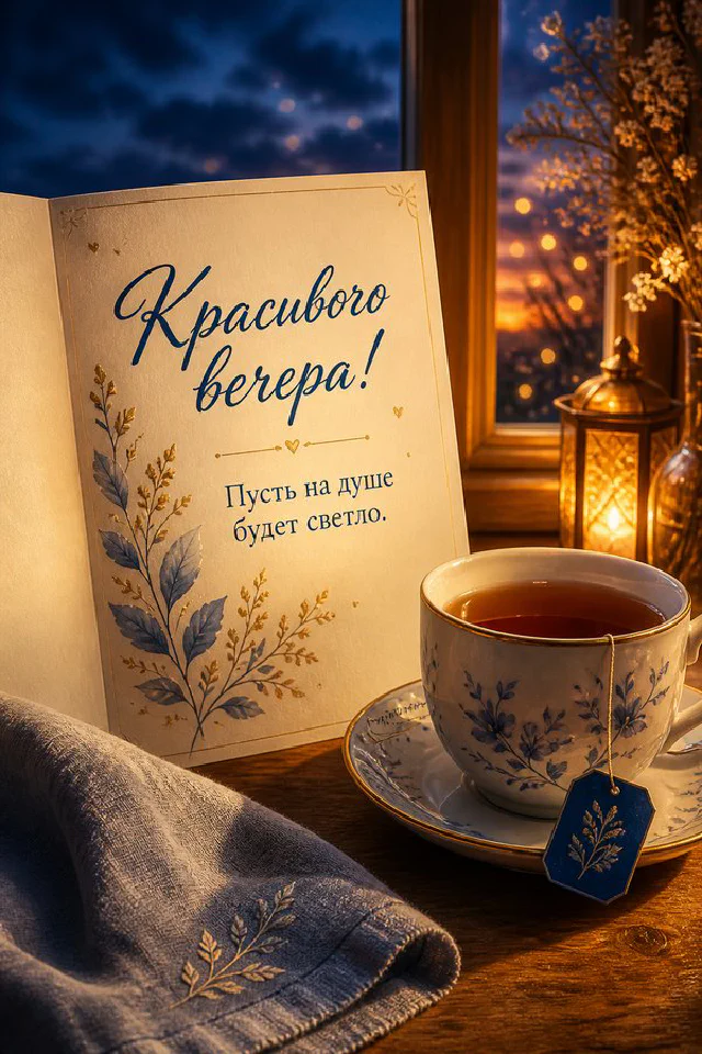 Две керамические кружки с кофе и горящая свеча на деревянном столе у окна с видом на оранжевый закат — вариант 5