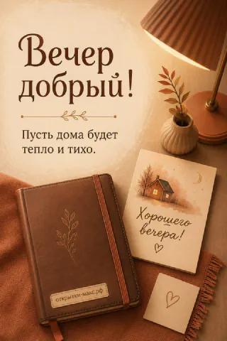 Кожаный коричневый ежедневник, карточка «Хорошего вечера» и терракотовая лампа на бежевом столе с вазой и веточкой
