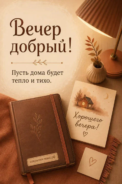 Кожаный коричневый ежедневник, карточка «Хорошего вечера» и терракотовая лампа на бежевом столе с вазой и веточкой