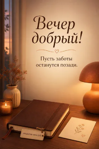 Коричневый ежедневник с карточкой, лампа-гриб и ваза с сухими цветами на столе у тёмного вечернего окна