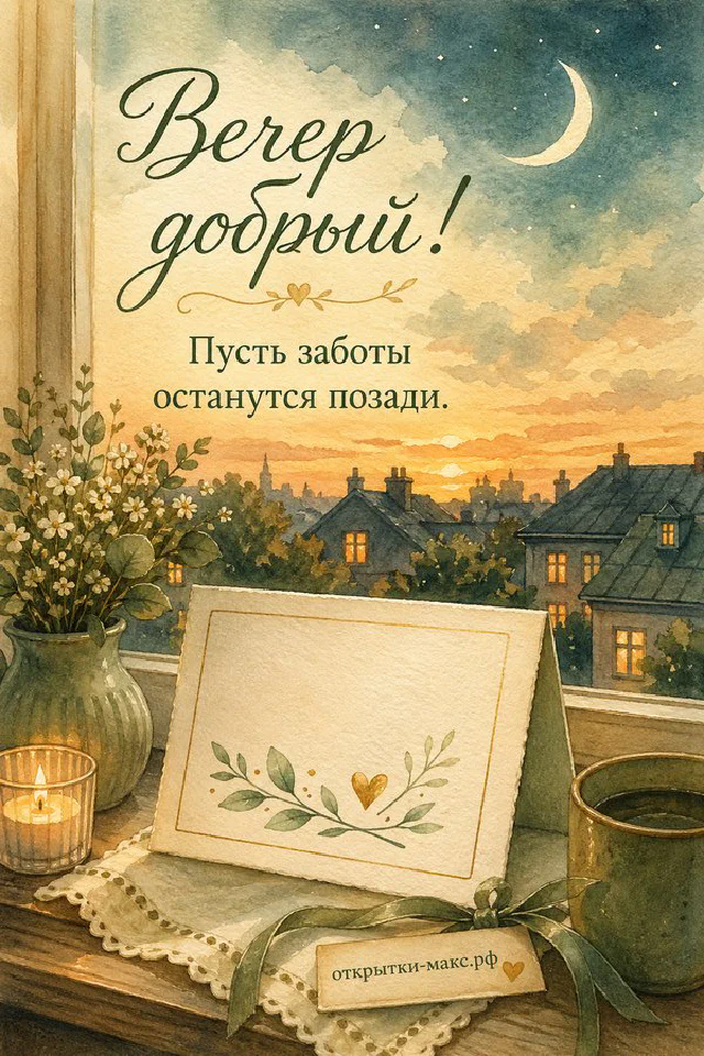 Коричневый ежедневник с карточкой, лампа-гриб и ваза с сухими цветами на столе у тёмного вечернего окна — вариант 2