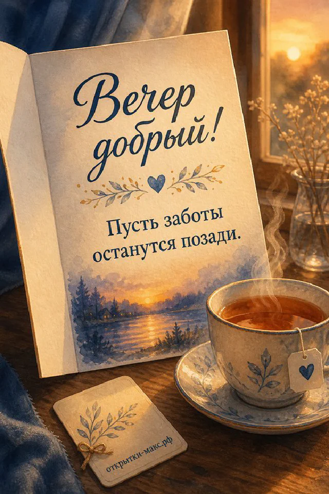Коричневый ежедневник с карточкой, лампа-гриб и ваза с сухими цветами на столе у тёмного вечернего окна — вариант 4
