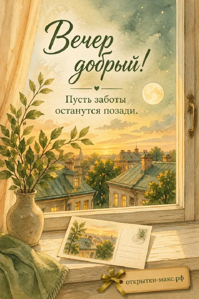 Коричневый ежедневник с карточкой, лампа-гриб и ваза с сухими цветами на столе у тёмного вечернего окна — вариант 5
