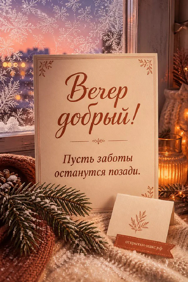 Коричневый ежедневник с карточкой, лампа-гриб и ваза с сухими цветами на столе у тёмного вечернего окна — вариант 6