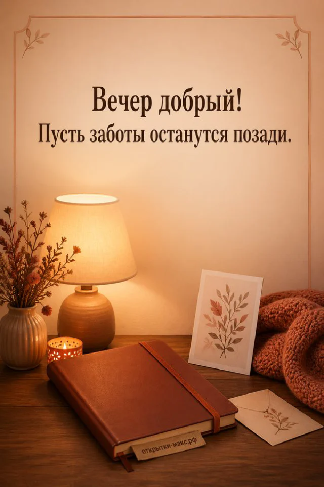 Коричневый ежедневник с карточкой, лампа-гриб и ваза с сухими цветами на столе у тёмного вечернего окна — вариант 7