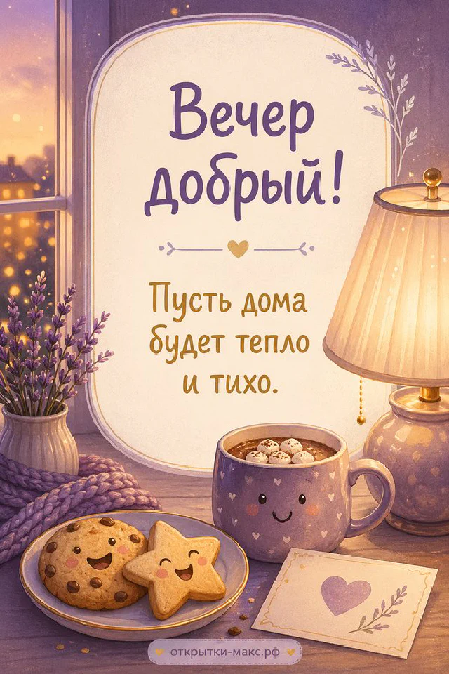 Белый кованый фонарь с горящей свечой, розовый плед и чашка чая в центре венка из цветущих веток на закатном фоне — вариант 2