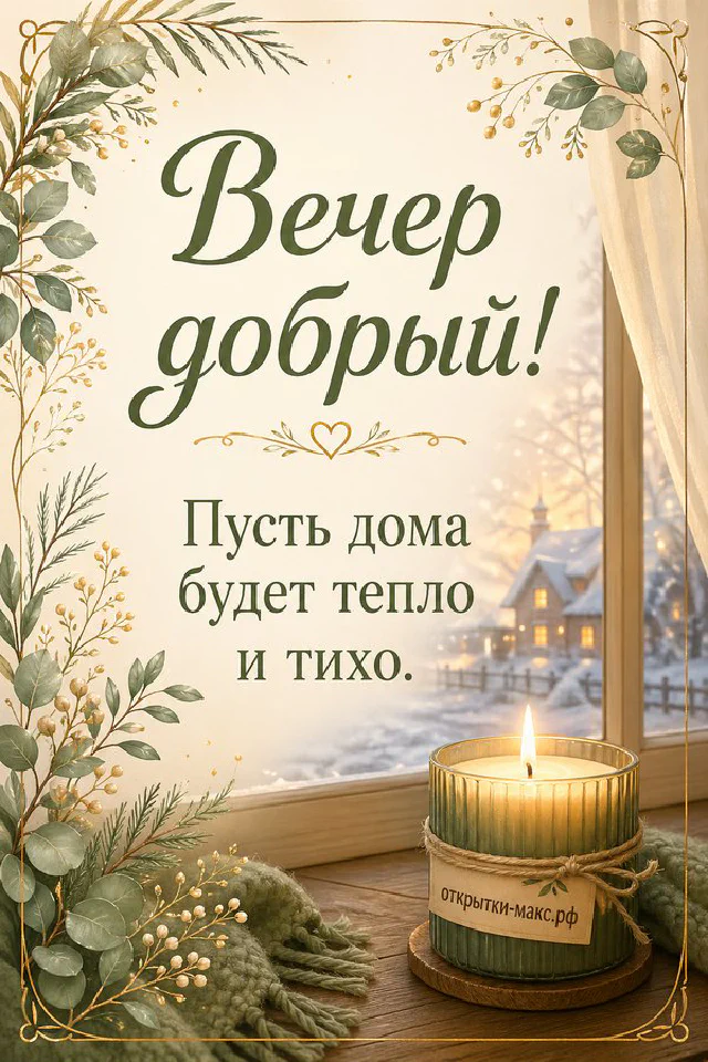 Белый кованый фонарь с горящей свечой, розовый плед и чашка чая в центре венка из цветущих веток на закатном фоне — вариант 4