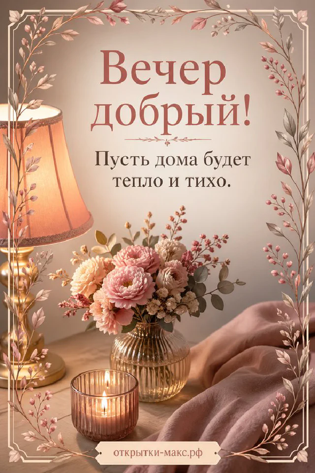 Белый кованый фонарь с горящей свечой, розовый плед и чашка чая в центре венка из цветущих веток на закатном фоне — вариант 5